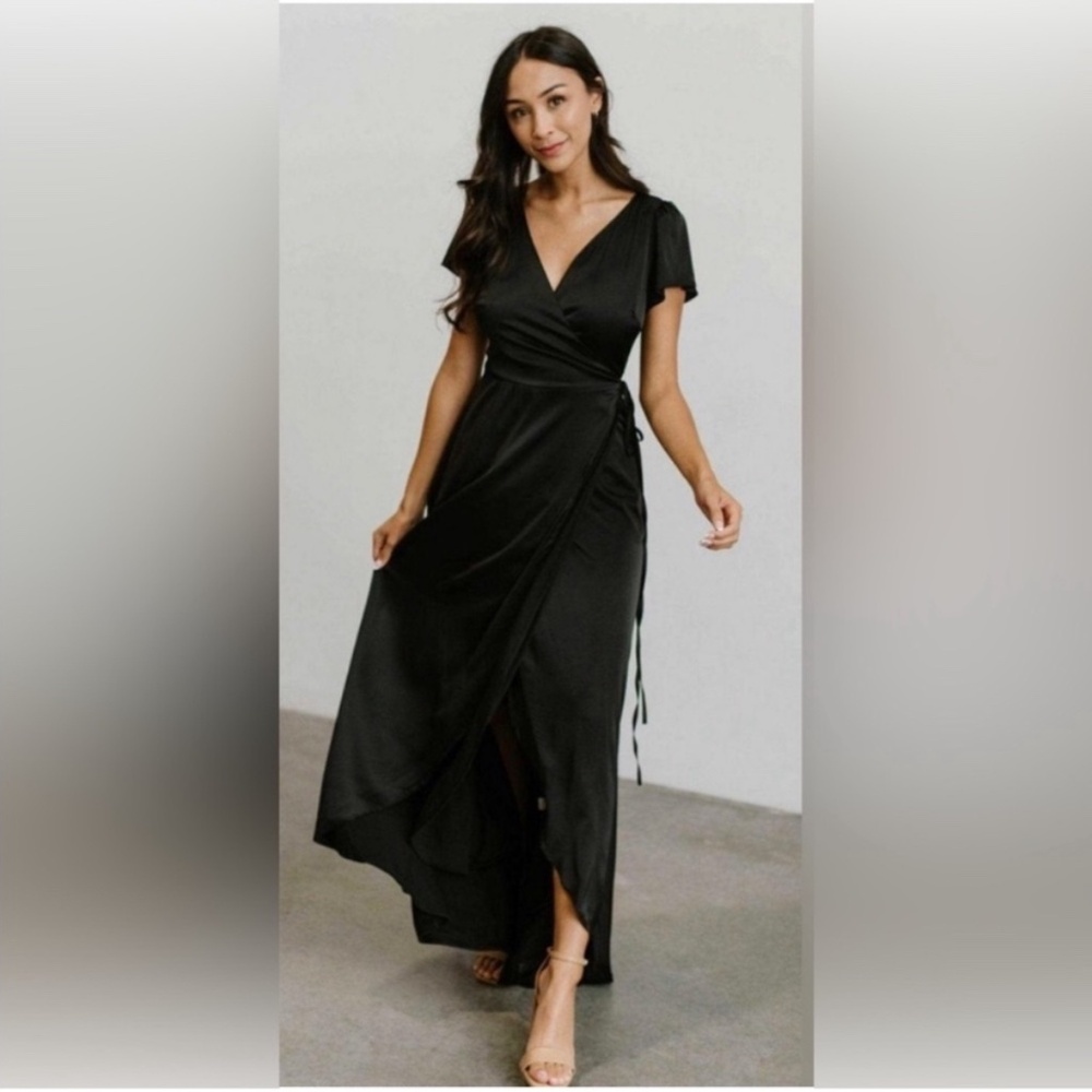 Baltic Born Krystal Satin Wrap Maxi Dress- Black Size Small